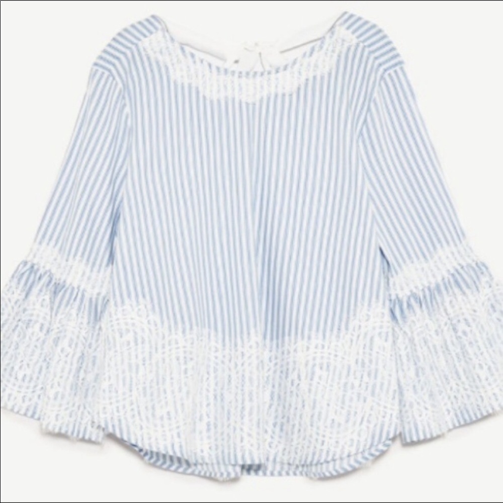 ZARA Woman Blue White Lace Bell Sleeve Open Back Tie Top, SIze S